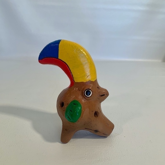 Vintage Ocarina Folk Art Clay Toucan Whistle 3 Head Flute Shape Shift Animal 5” - Picture 4 of 14